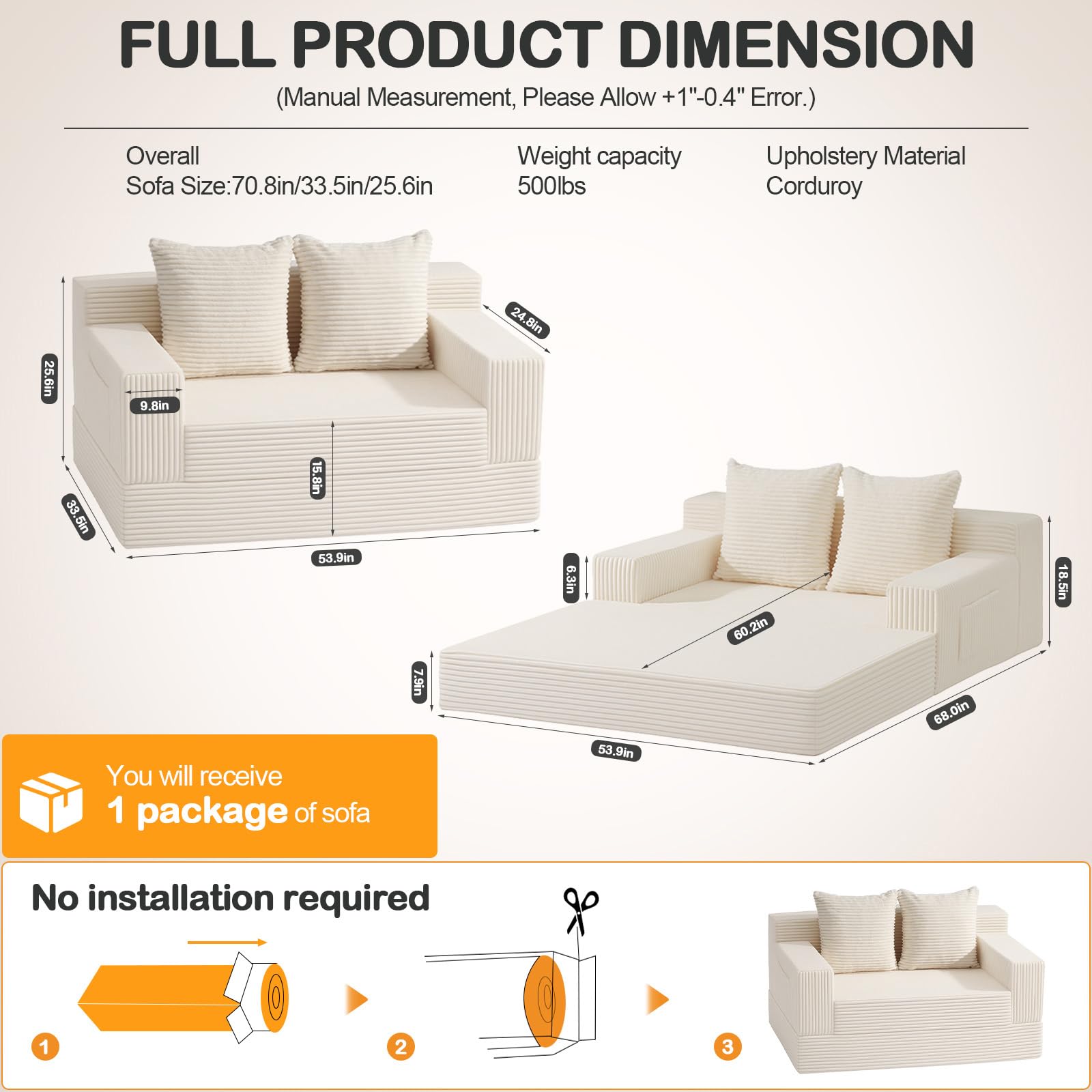 Erament Convertible Sofa Bed, Loveseat Folding Floor Futon Sleeper Sofa Couch Bed- Boneless Foldable Couch, Corduroy Pull Out Sofa Bed with 2 Pillows for Living Room & Bedroom
