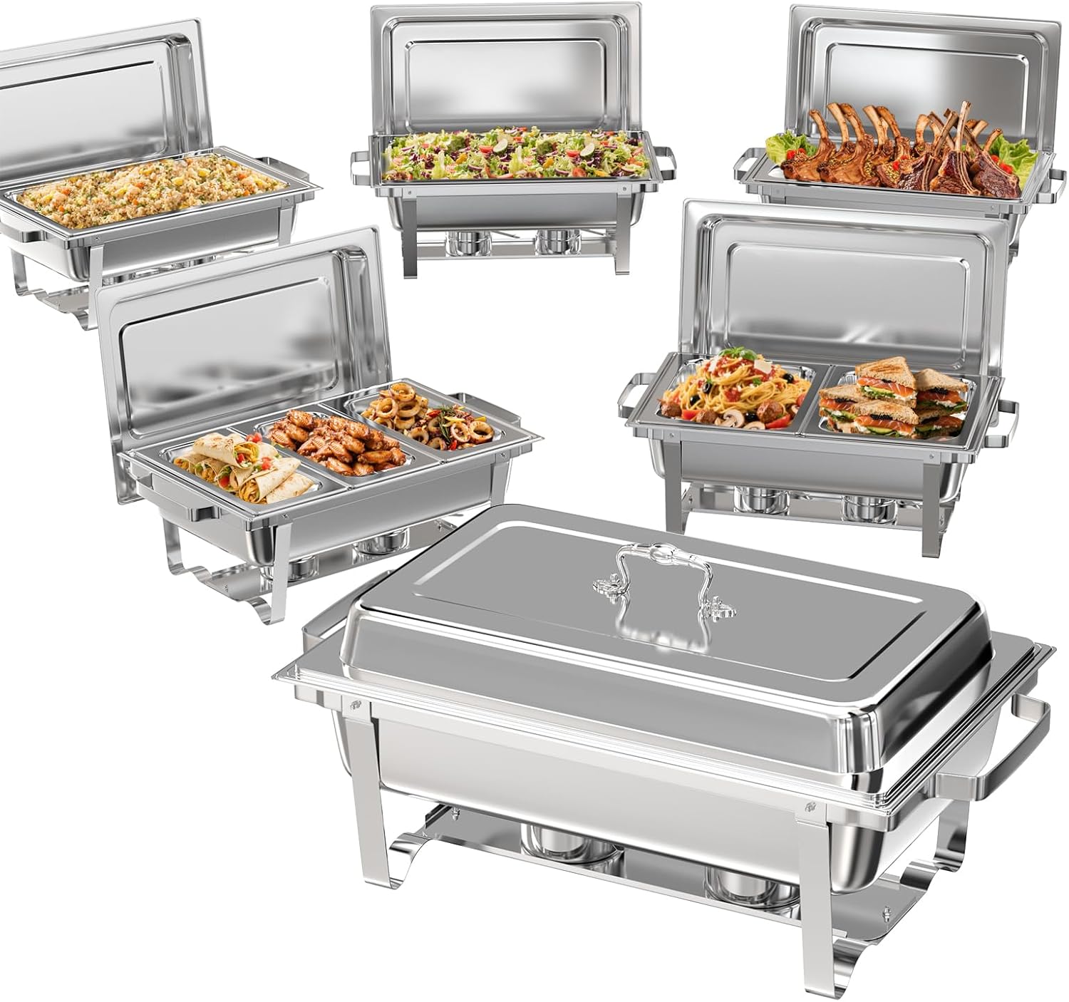 Chafing Dishes for Buffet 6 Pack, 9Qt Chafing Dish Buffet Set with Different Food Pans Combo, Food Warmers for Parties Buffet, Events & Weddings, Silver Silver 6