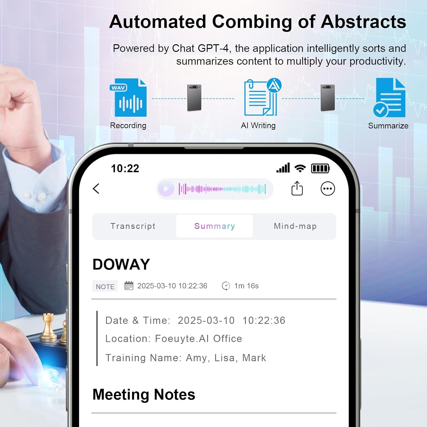 Three shield icons representing native data encryption, data upload authorization, and cloud file accessibility, with the AI voice recorder floating above a digital circuit board pattern.