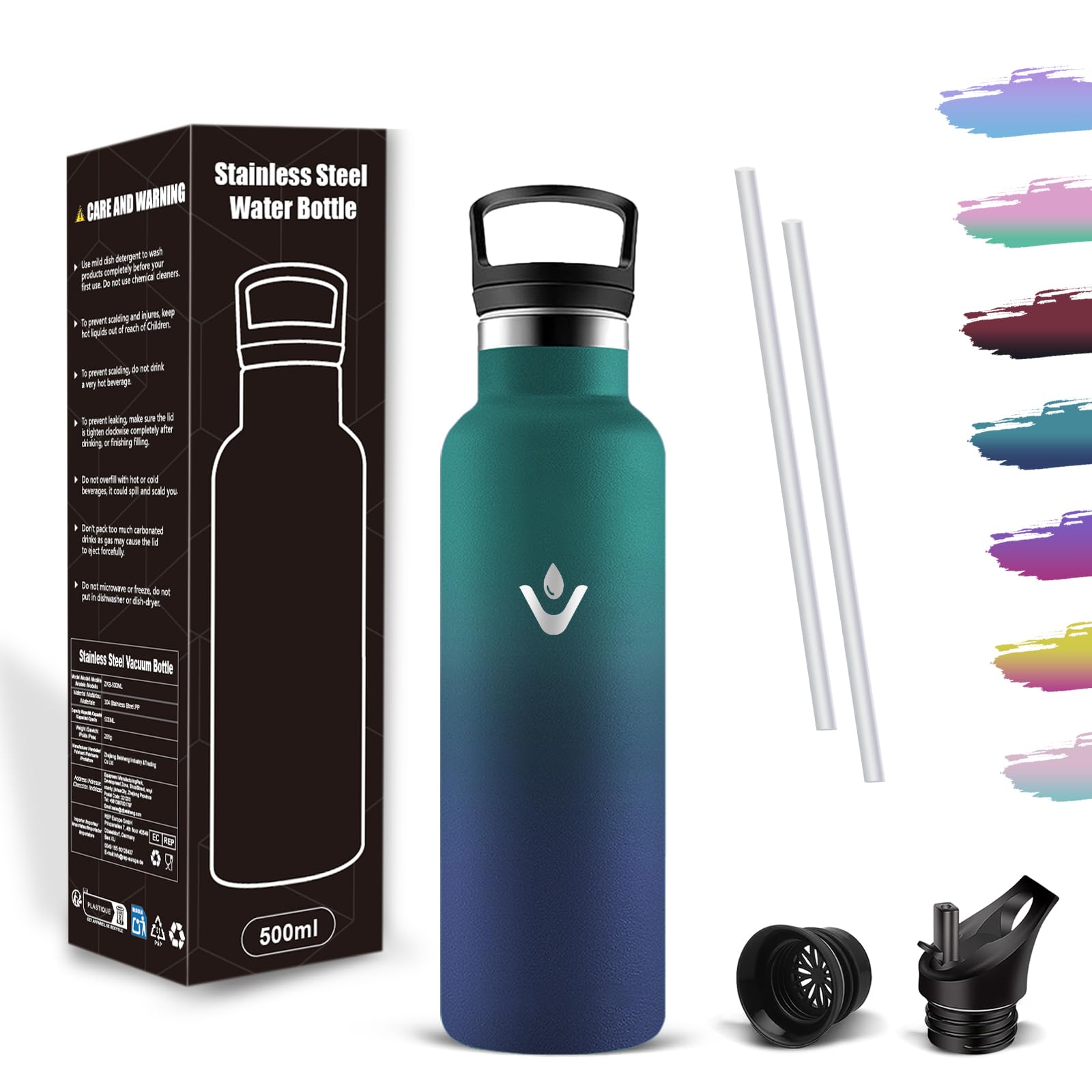 Mujigaga 500ml Insulated Water Bottle, Stainless Steel Thermal Bottle with Straw, Vacuum Insulated Water Bottle, Leak-Proof Design and BPA Free for Cycling, Camping, Yoga, School, Children