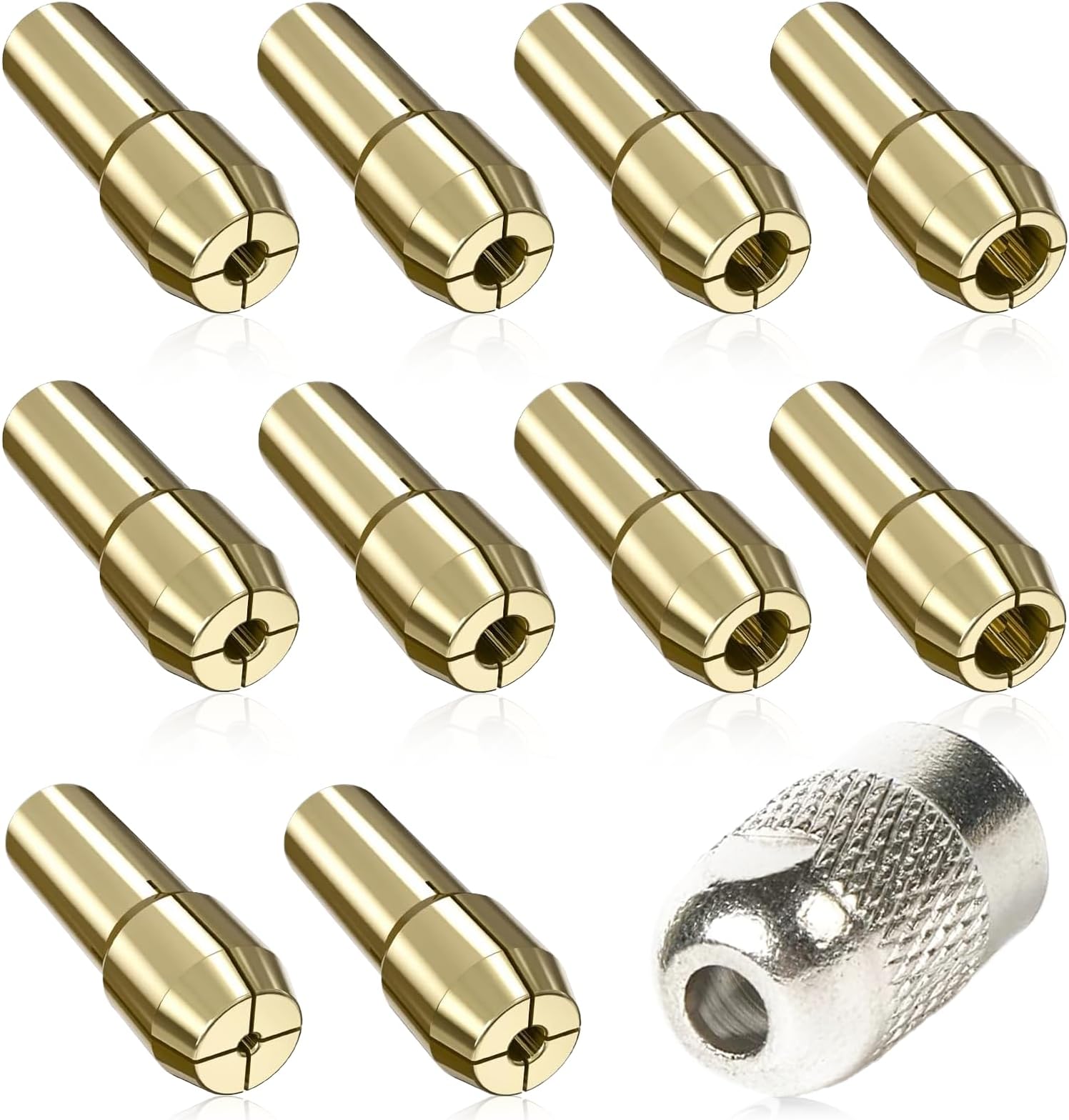 Brass Collet Chuck Shank Rotary Tools, 10 Pcs Drill Chuck with 1Pcs M8 Collet Nut, 0.5-3.2mm Grinding Collet Set, Chuck Replacement Accessory for Rotary Tool