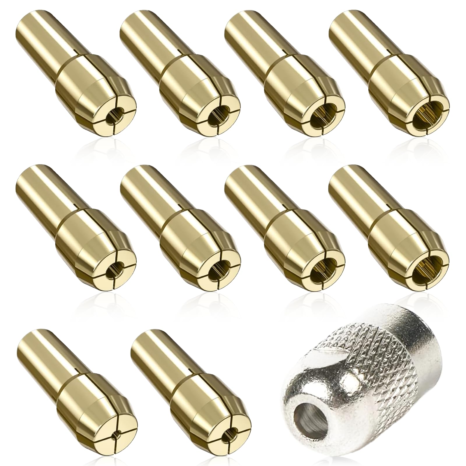 Brass Collet Chuck Shank Rotary Tools, 10 Pcs Drill Chuck with 1Pcs M8 Collet Nut, 0.5-3.2mm Grinding Collet Set, Chuck Replacement Accessory for Rotary Tool