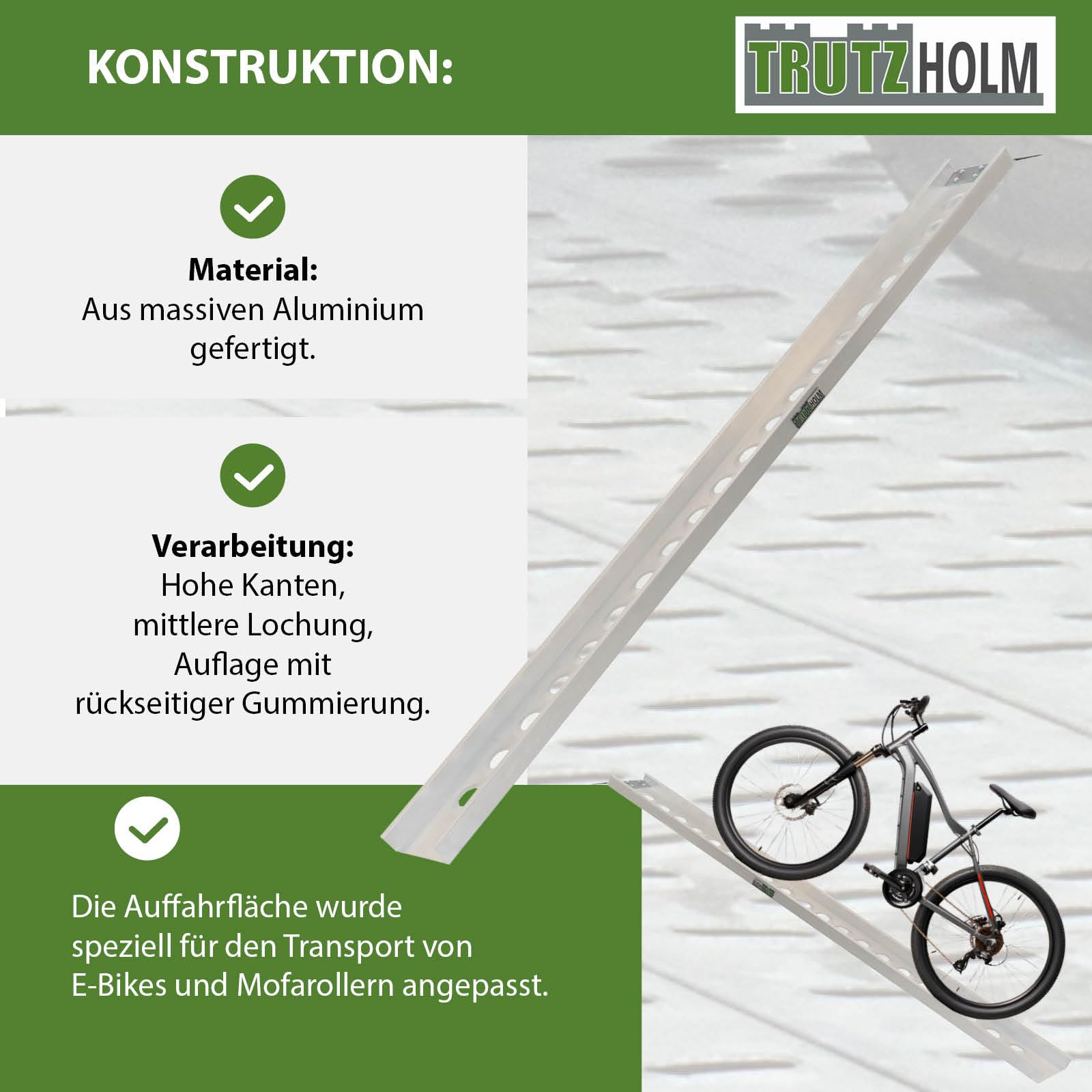 TRUTZHOLM Auffahrschiene Aluminium 194 cm Traglast 200 kg Verladerampe Motorrad Moped E-Bike Fahrrad inkl. Spanngurt Grau