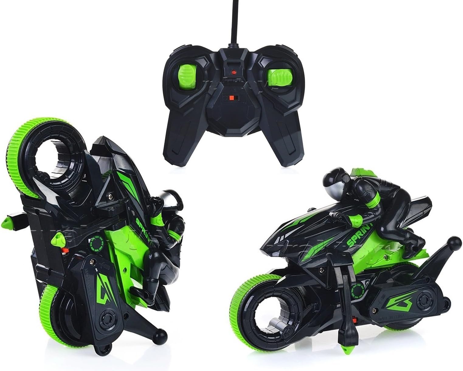 Generico Remote Controlled Motorcycle for Children with Remote Controlled Pilot Sprint with 360 Degree Rising and Evoluzoni 360 Degree Acrobatic Motorcycle Drift 360° Spinning Action