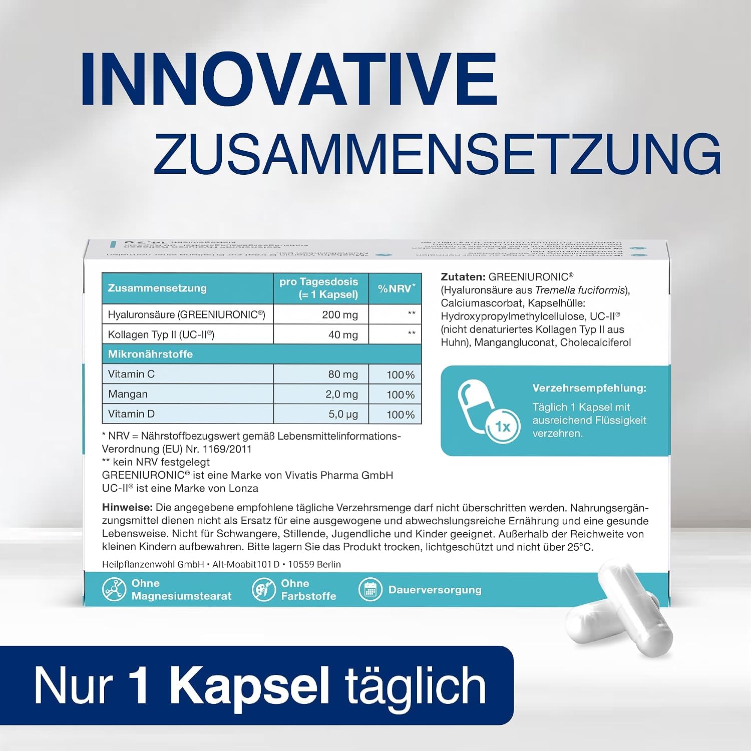 Gelencium Hyaluron Kollagen – Vitamin C, D & Mangan – 60 Kapseln (60 Tage)