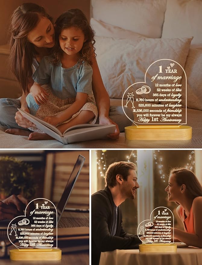FULLOSUN Anniversary Wedding Gifts for Him/Her, I Love You Night Light 3D Illusion Lamp for Couple Wife Husband Romantic Valentines Wedding Day Present (1st) photo 3