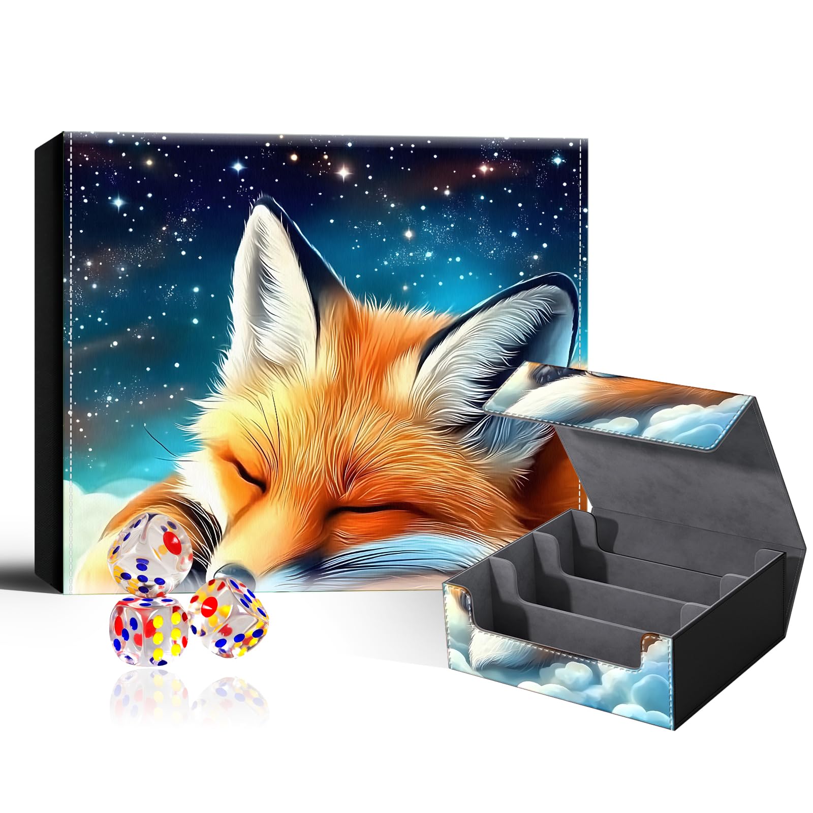 VOGDMKJG Trading Card Deck Box Fit 1800+ Single Sleeved Cards,PU Leather Magnetic Closure Card Storage Box With 3 Dice For MTG/TCG/PTCG/Magic/Sport Card Storage Case Large 3 ROW Design Sleep Fox