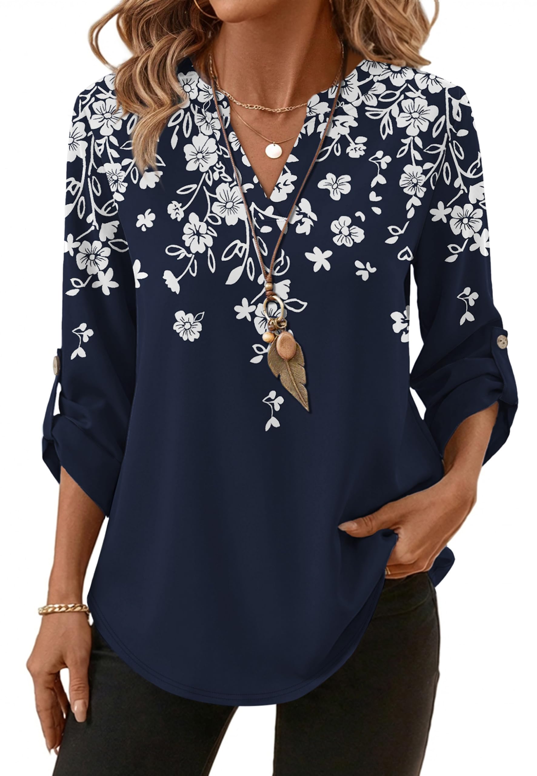 XIEERDUO 3/4 Length Sleeve Womens Tops V Neck T Shirts Both Side Buttons Blouses Business Casual Outfits Loose Fit