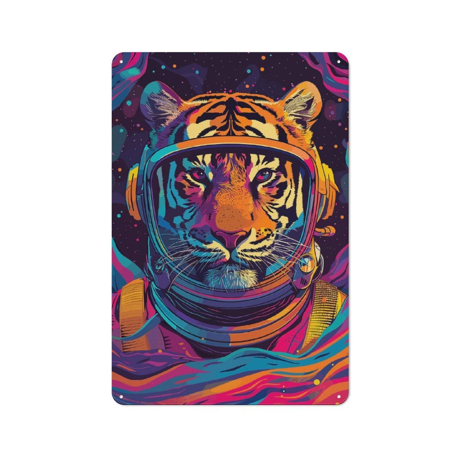 Junmoney Astronaut Tiger Space Retro Tin Wall Plaque 30X20cm Featuring For Garage Wall, For Vintage Wall Decor Fans, For Themed Room Decoration