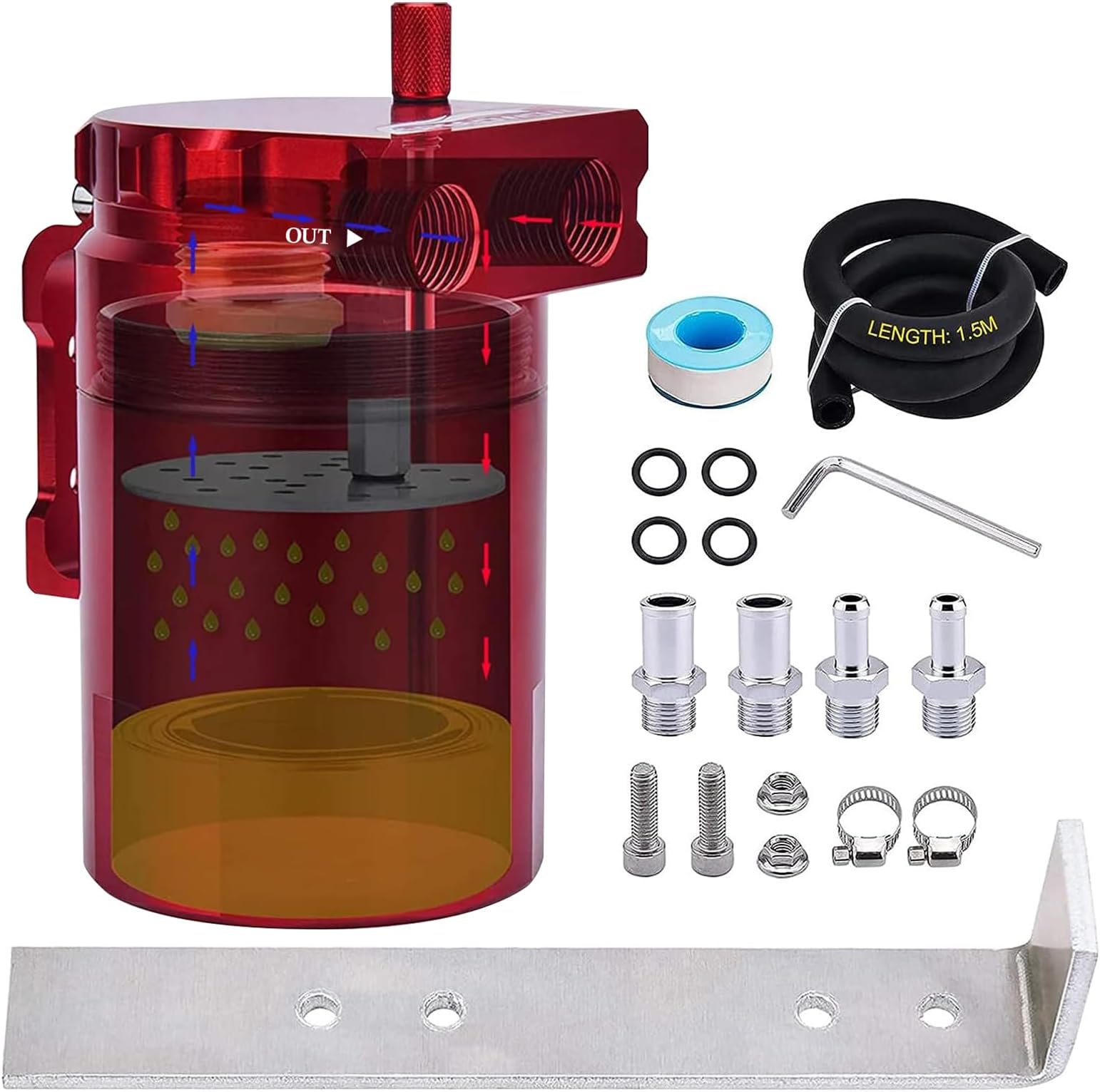 SPEEDWOW Universal Oil Catch Can Tank Filter Baffled With Hose Kit, 300ML(Red)