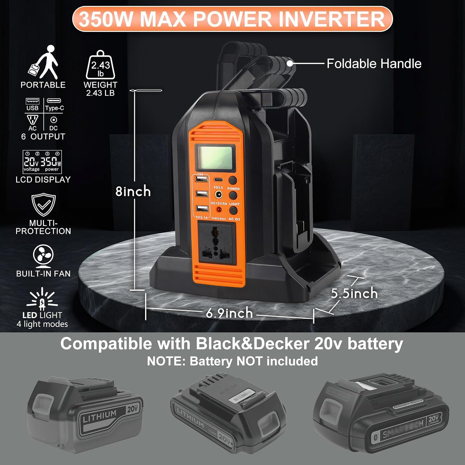 DC 20V to AC 120V Power Inverter for Black and Decker 20V Battery, 350W Pure Sine Wave Portable Power Inverter Converter with LCD Display and LED Light, 2 Battery Ports