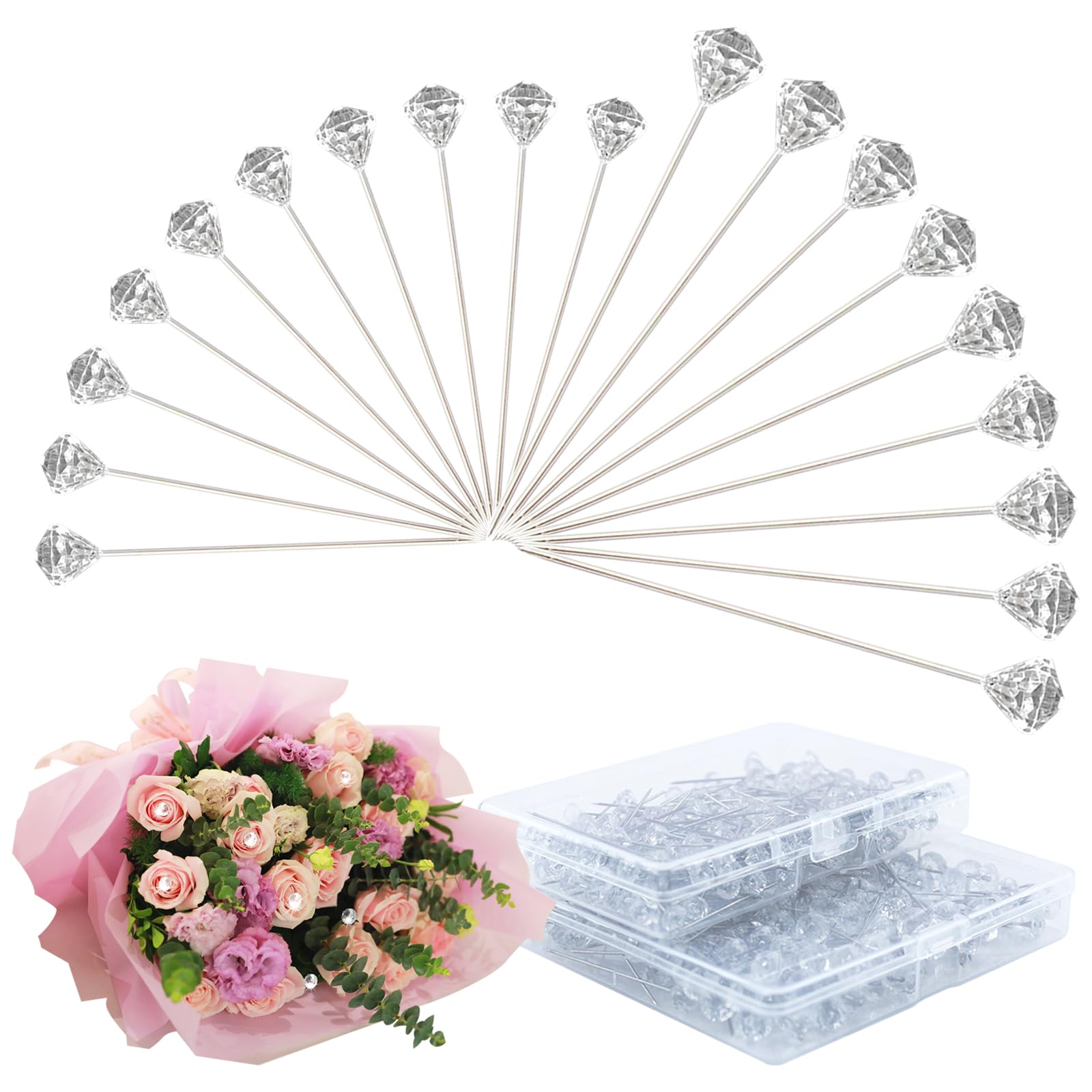 300PCS 1.5 Inch and 2 Inch Straight Corsage Boutonniere Pins with Crystal Heads Diamond, Rhinestone Flower Pins for DIY Decoration, Crafts, Sewing, Floral Bouquet and Wedding Bridal Hair Accessories