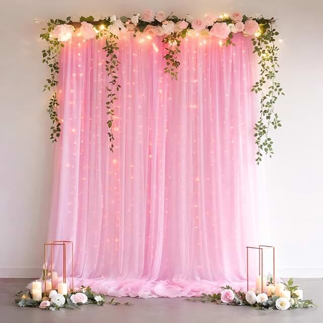 Pink Tulle Backdrop Curtain with String Lights, 2 Panels 5×8FT Sheer Wri...