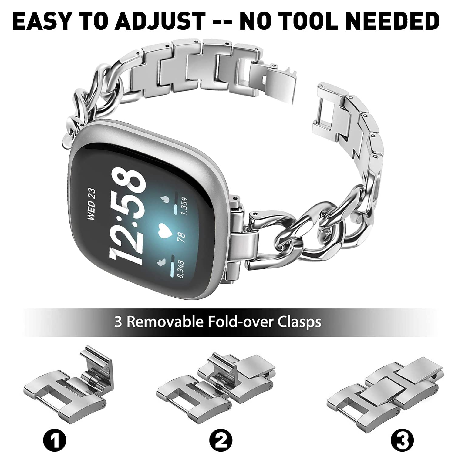 Cool Women Chain Metal Smartwatch Bands Compatible for Fitbit Sense/Fitbit Versa 3 Bands for Dressy Women, Metal Wristband Strap for Fitbit Sense 2/Versa 4