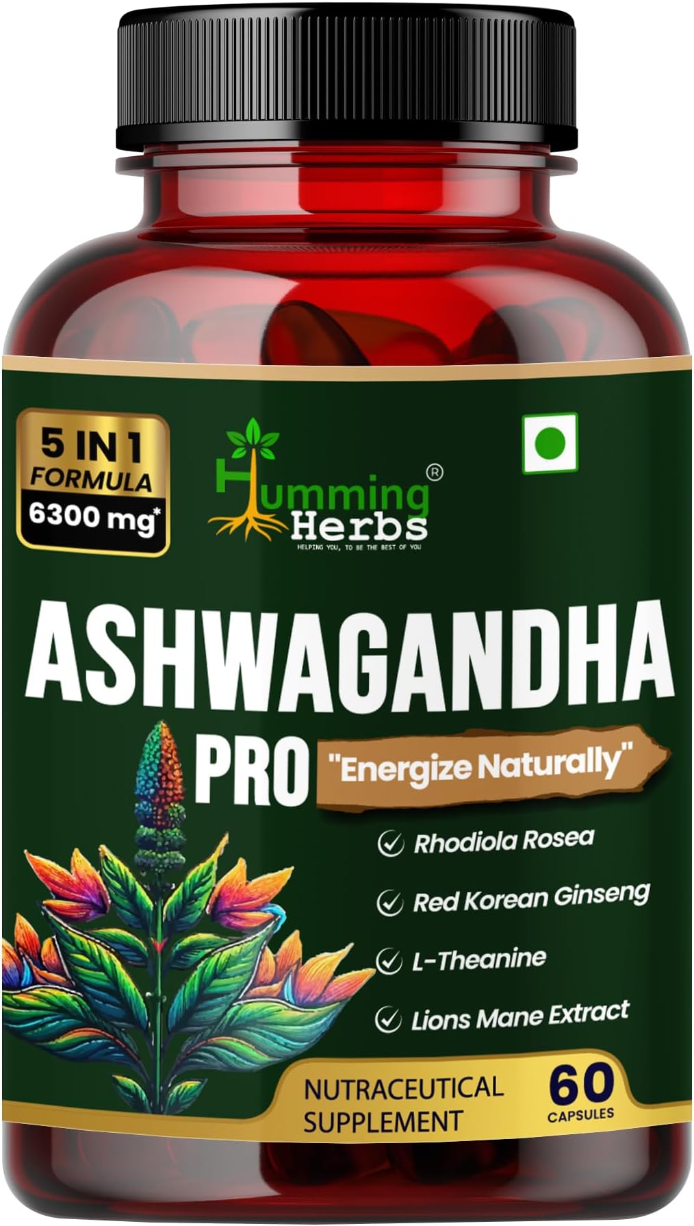 Humming Herbs Ashwagandha Pro - High Potency Adaptogen Blend with Rhodiola Rosea, Red Korean Ginseng, L-Theanine, & Lion's Mane - Natural Stress Relief & Cognitive Support(60 Caps)