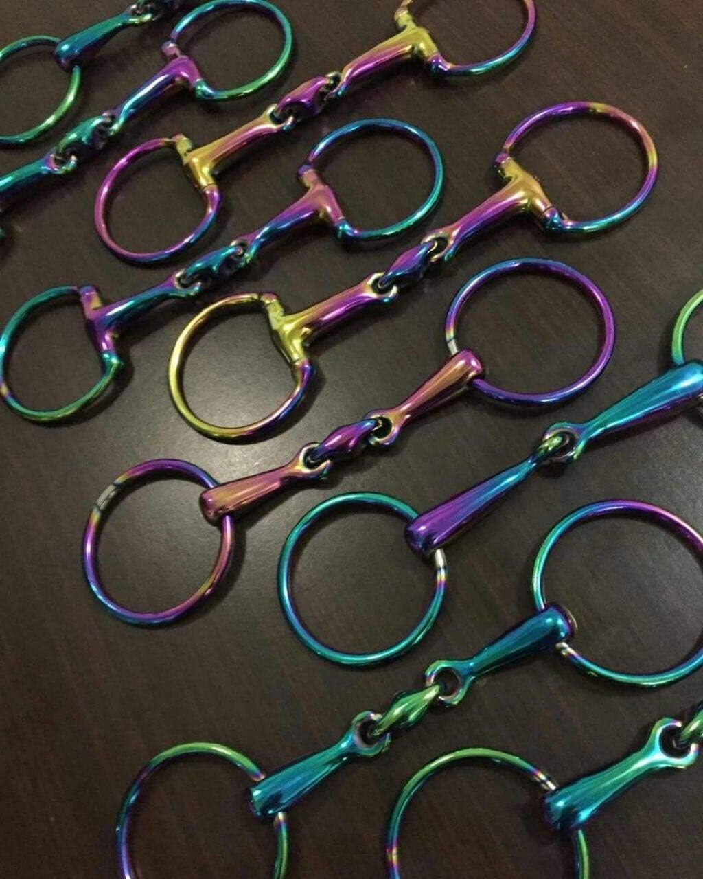 Horse Snaffle Bit Loose Ring Egg Butt Hanging Cheek Rainbow Multi Color with Lozenge Fat Multiple Size Tack Equestrian Shows (5.5 Inch, Loose Ring Oval Link)
