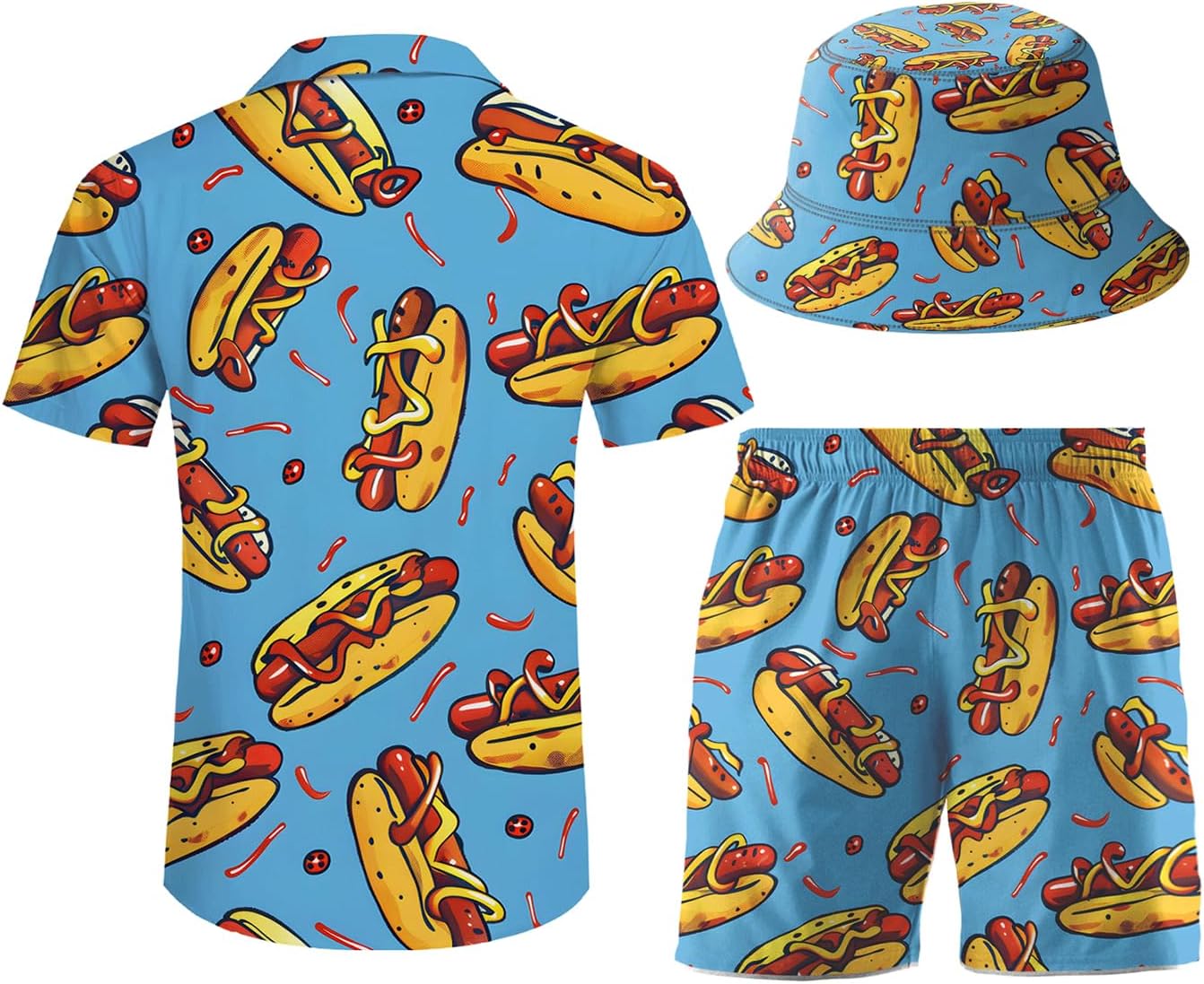 Men's Button Shirt Beach Shorts Set, Hawaiian Short Sleeve Shirt Quick Dry Beach Shorts 2 Pcs with Bucket Hat