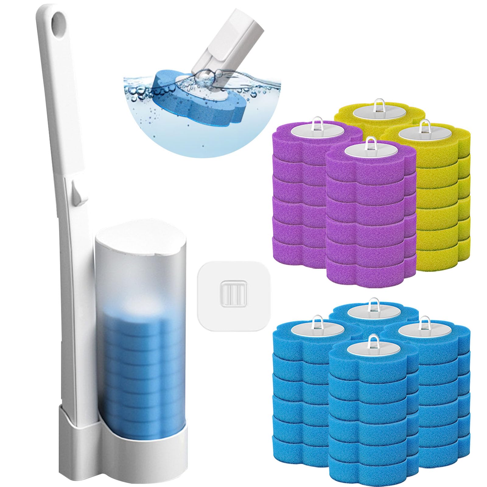 Disposable Toilet Brush & Holders Set with 48pcs Cleaner Refills Scented Pads Wall Mounted white Plastic Long Handled Bathroom Toilet Brush with Disposable Head (1 Holder+48 Head)