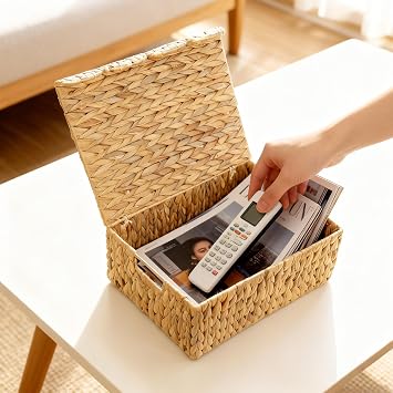 2 Pack Wicker Storage Baskets with Lids and Handles Handwoven Water Hyacinth Scalloped Edge for Bedroom Living Room Bathroom