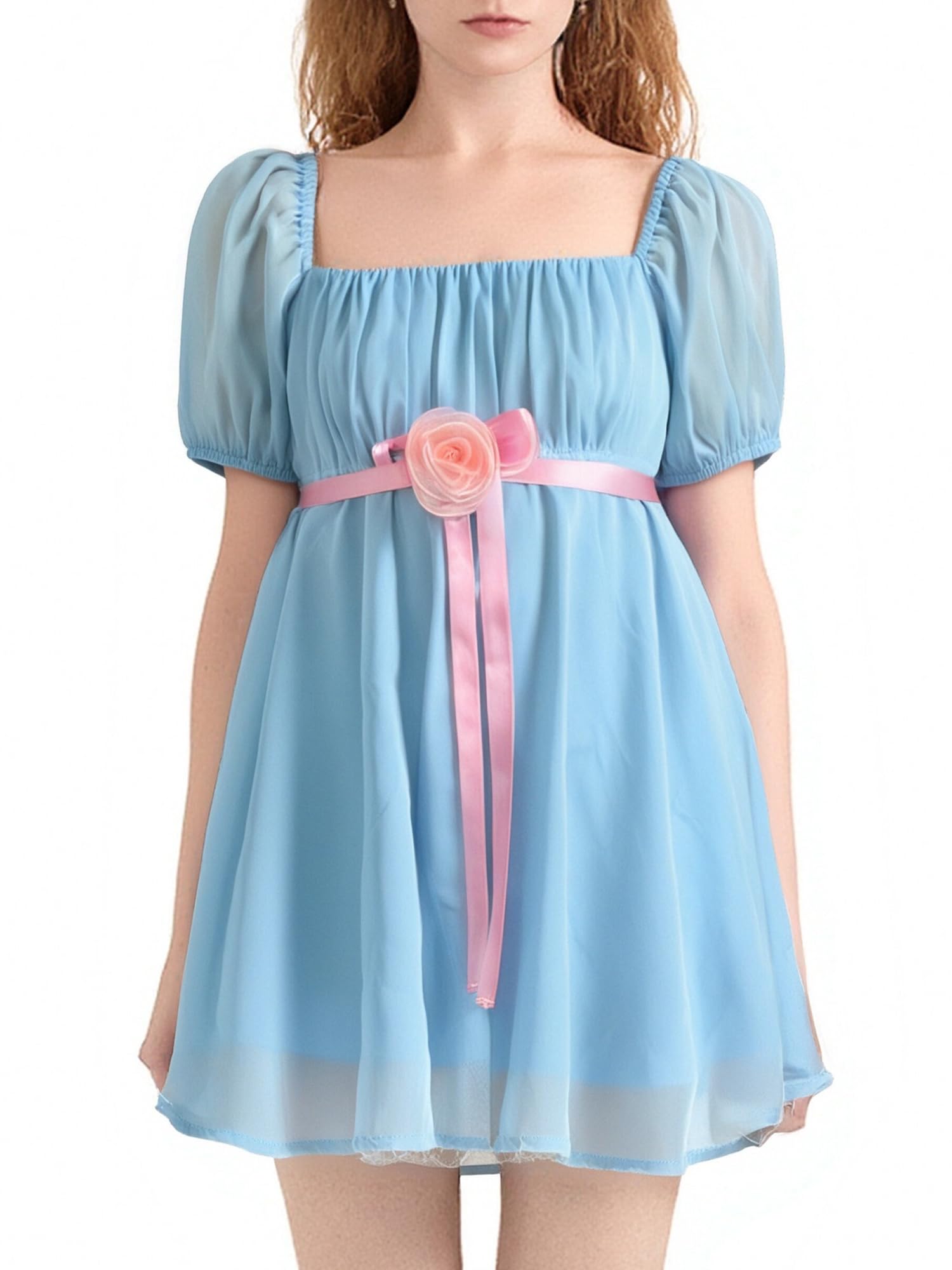 SANSIWU Women Girls Twins Costume Blue Mini Dresses Short Mesh Sleeve Creepy Twins Sister Cosplay Halloween Dress with Belt (B-Blue, S) โ image 1