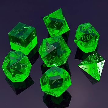 Bescon Crystal Clear Unpainted Sharp Edge DND Dice Set of 7, Razor Edged Polyhedral D&D Dice Set for Dungeons and Dragons Role Playing Games, Emerald Color
