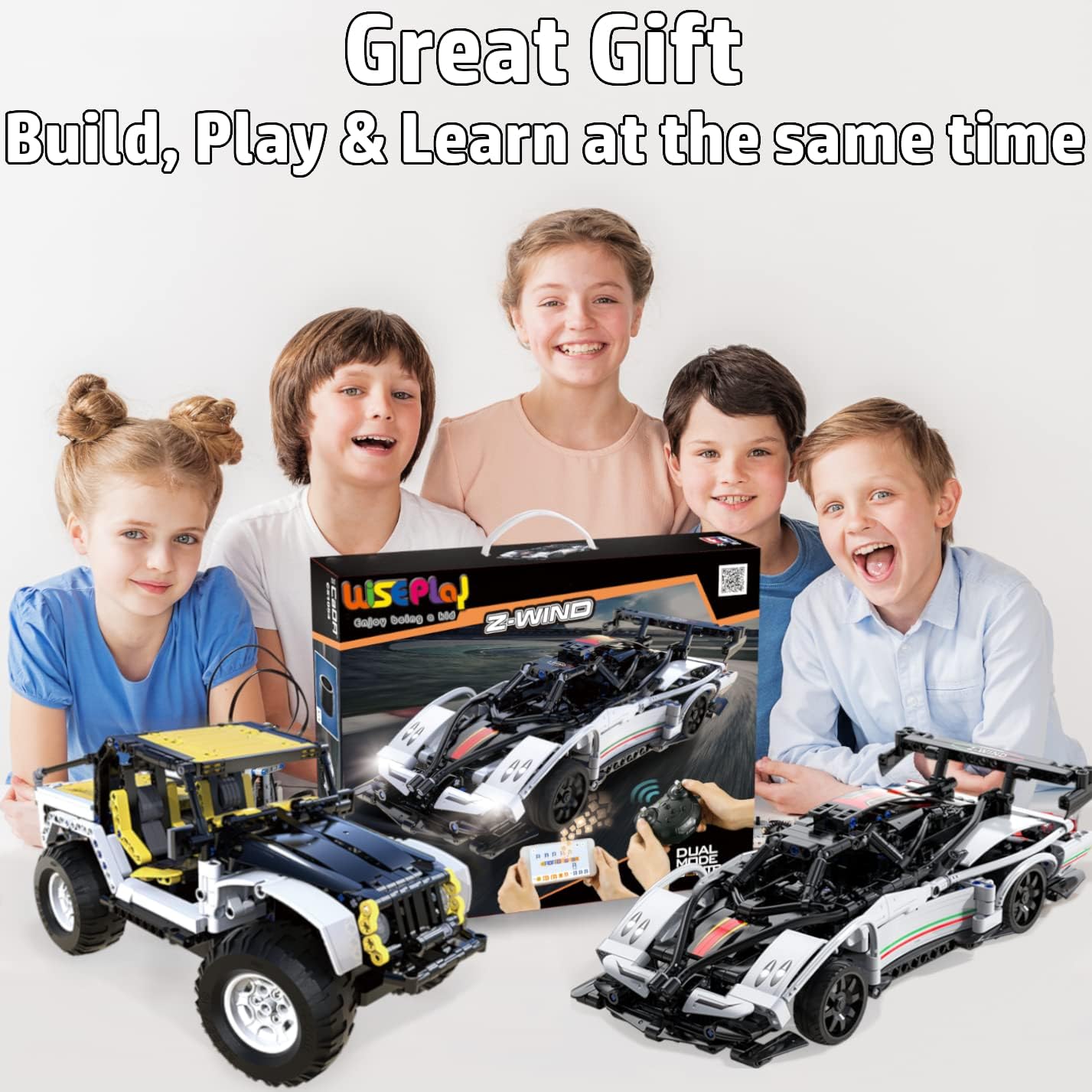 WisePlay RC car with remote control and smartphone app showing dual control modes