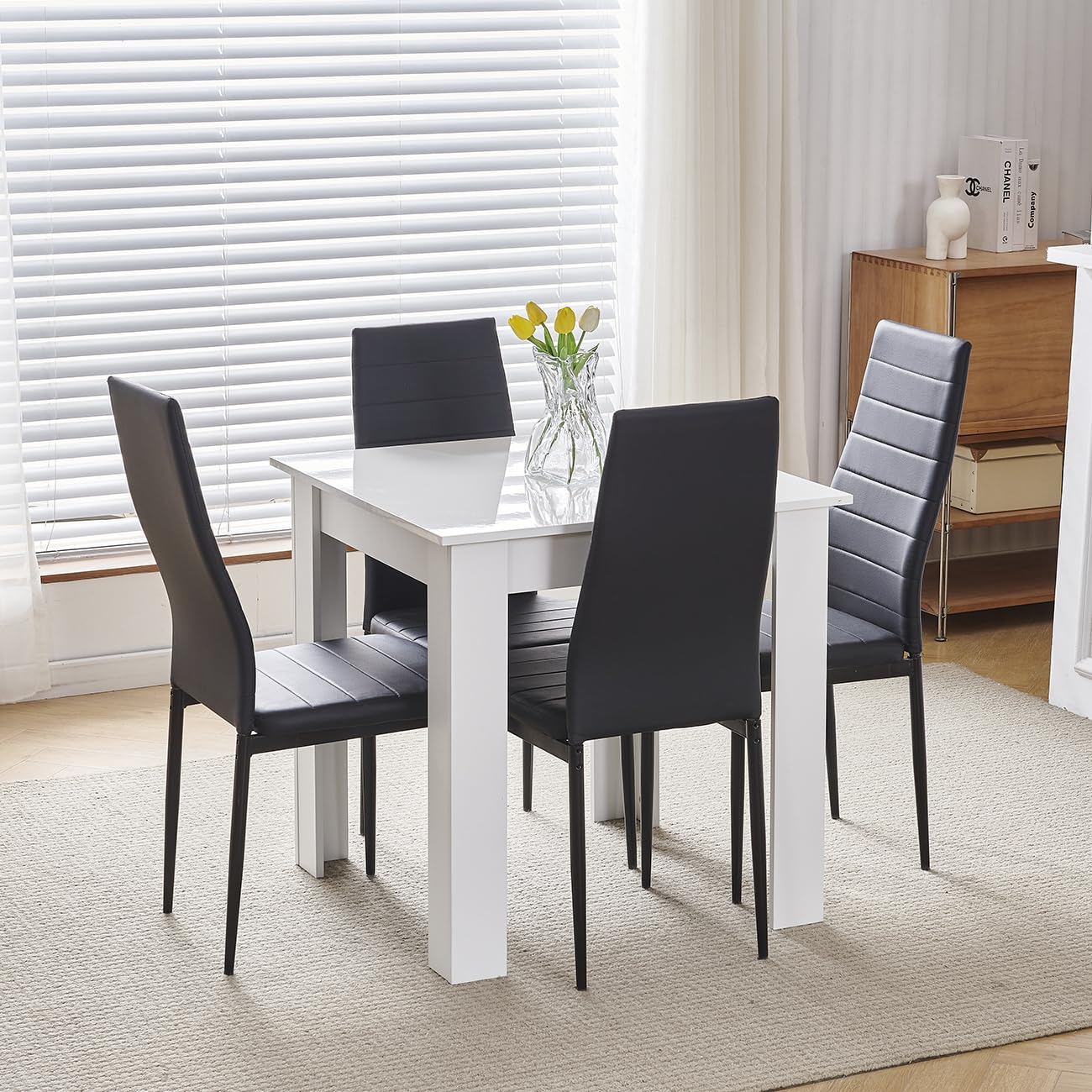 Homullel 75x75 cm Small Dining Table and 4 Chairs, 4 Seater Table and Chairs Set Kitchen Dining Room Set for 4, Compact, Space Saving, Wooden, Glossing Tabletop White (4 Seats, Faux Leather Black #1)