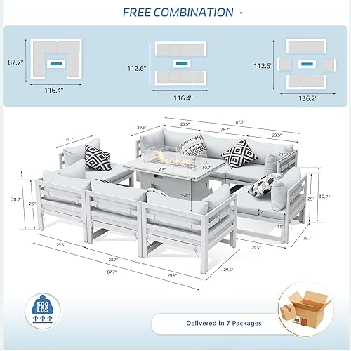 Miniatura 397 de NICESOUL 7 Piece White Powder-Coated Aluminum Patio Furniture with Fire Pit Table, 29 Inch Extra Wide Outdoor Sectional Sofa for 6, High-End Heavy