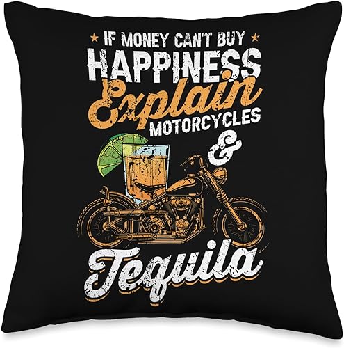 Motorcycle Shirts For Men & Chopper Biker Gifts If Money Cant Buy Happiness Explain Tequila & Motorcycles - Almohada de 16 x 16 pulgadas, multicolor