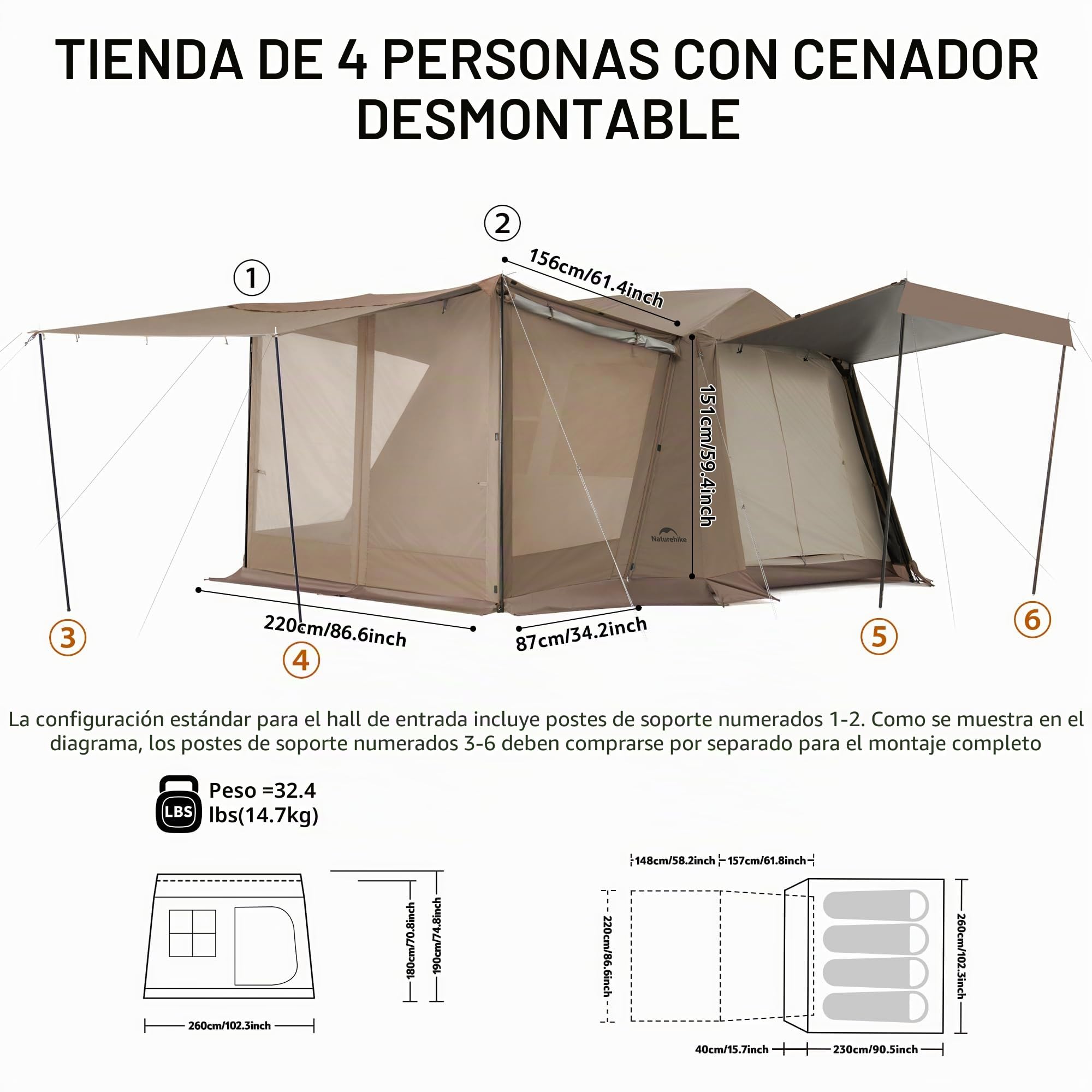 Naturehike Village 6.0 ㎡ Tienda de campaña familiar Pop Up Tienda de campaña para 4 personas, gran túnel con columna de agua de 2000 mm
