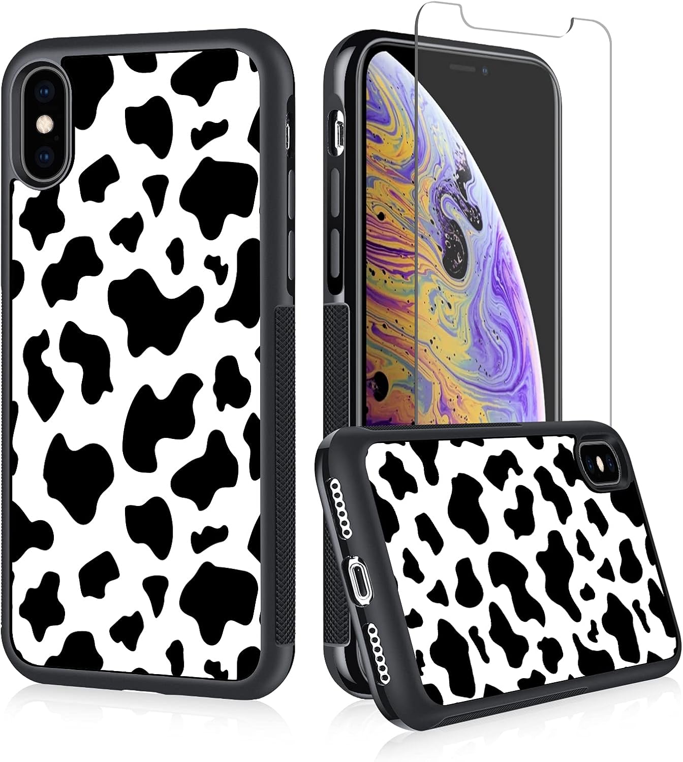KANGHAR iPhone Xs Max Case Tire Cow Print Cute Black White + Screen Protector Slim Anti-Scratch Shockproof Skid Outline Durable PC Layer TPU Bumper Full Body Protection Cover -6.5 Inch