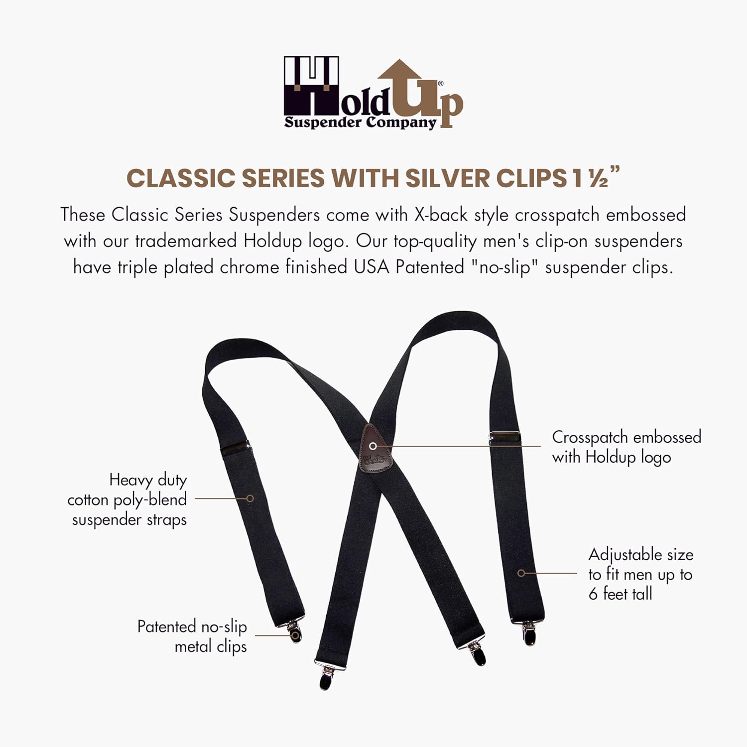 1 1/2" Wide Classic Series Holdups Suspenders for Men in X-back style w/USA Patented No-slip® Silver Clips - Image 2
