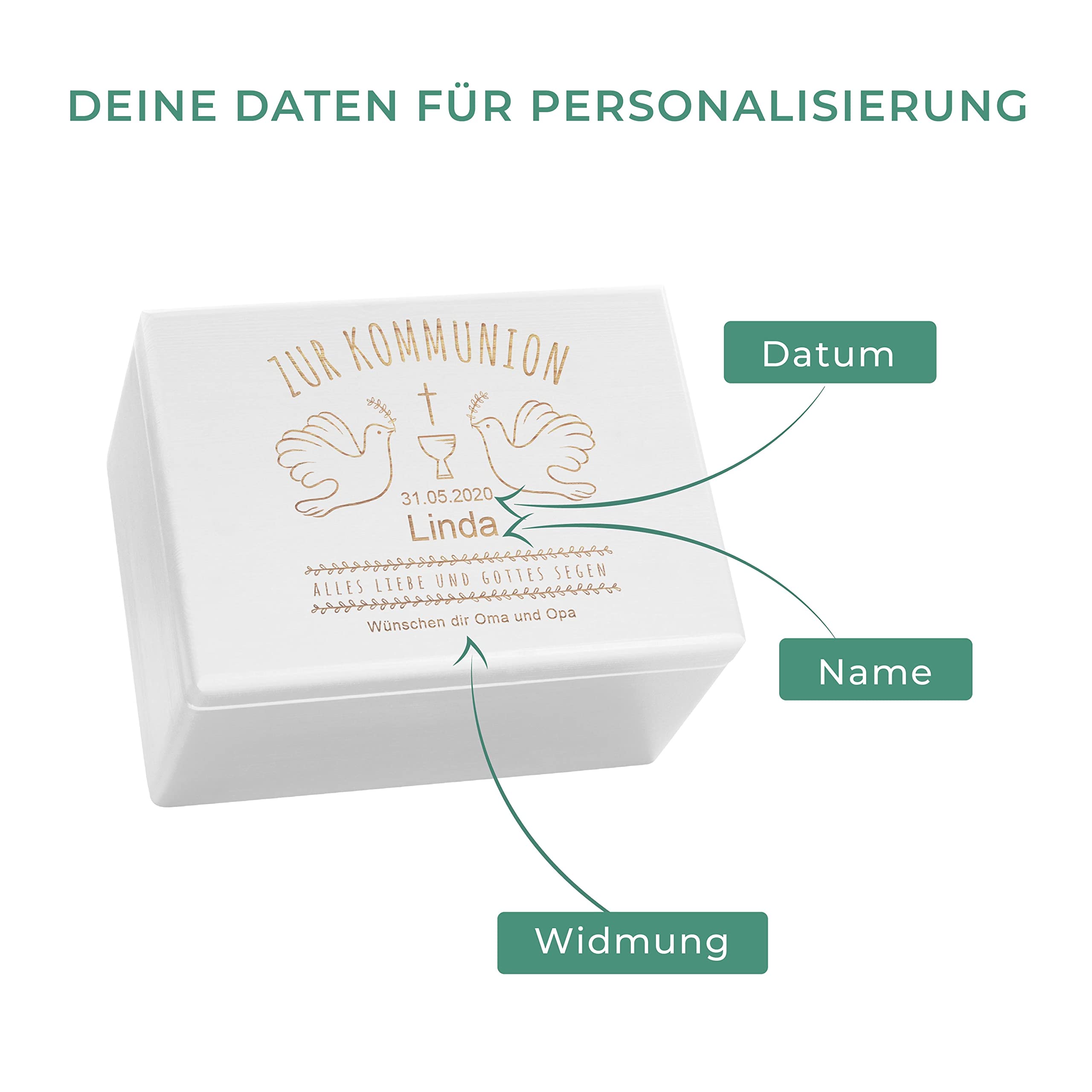 LAUBLUST Holzkiste zur Kommunion - Tauben Motiv | Geschenkkiste Personalisiert mit Gravur, FSC® (Weiß, ca. 40 x 30 x 24 cm | XL)