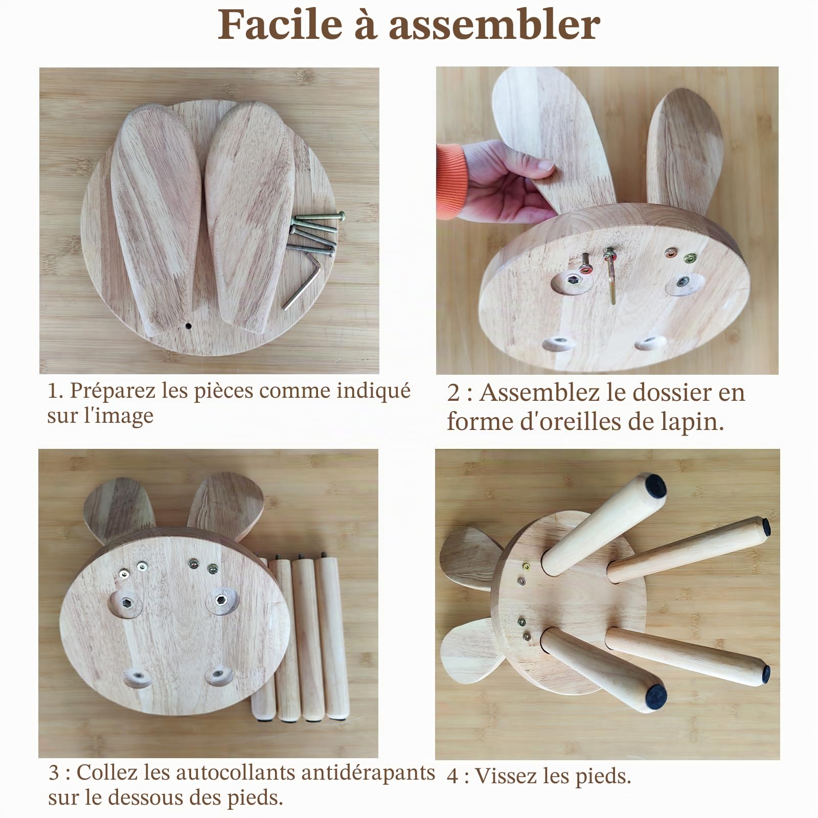 Tabouret en bois massif personnalisé en forme d'oreilles de lapin pour enfants, petite chaise ronde en bois pour manger, lire et jouer