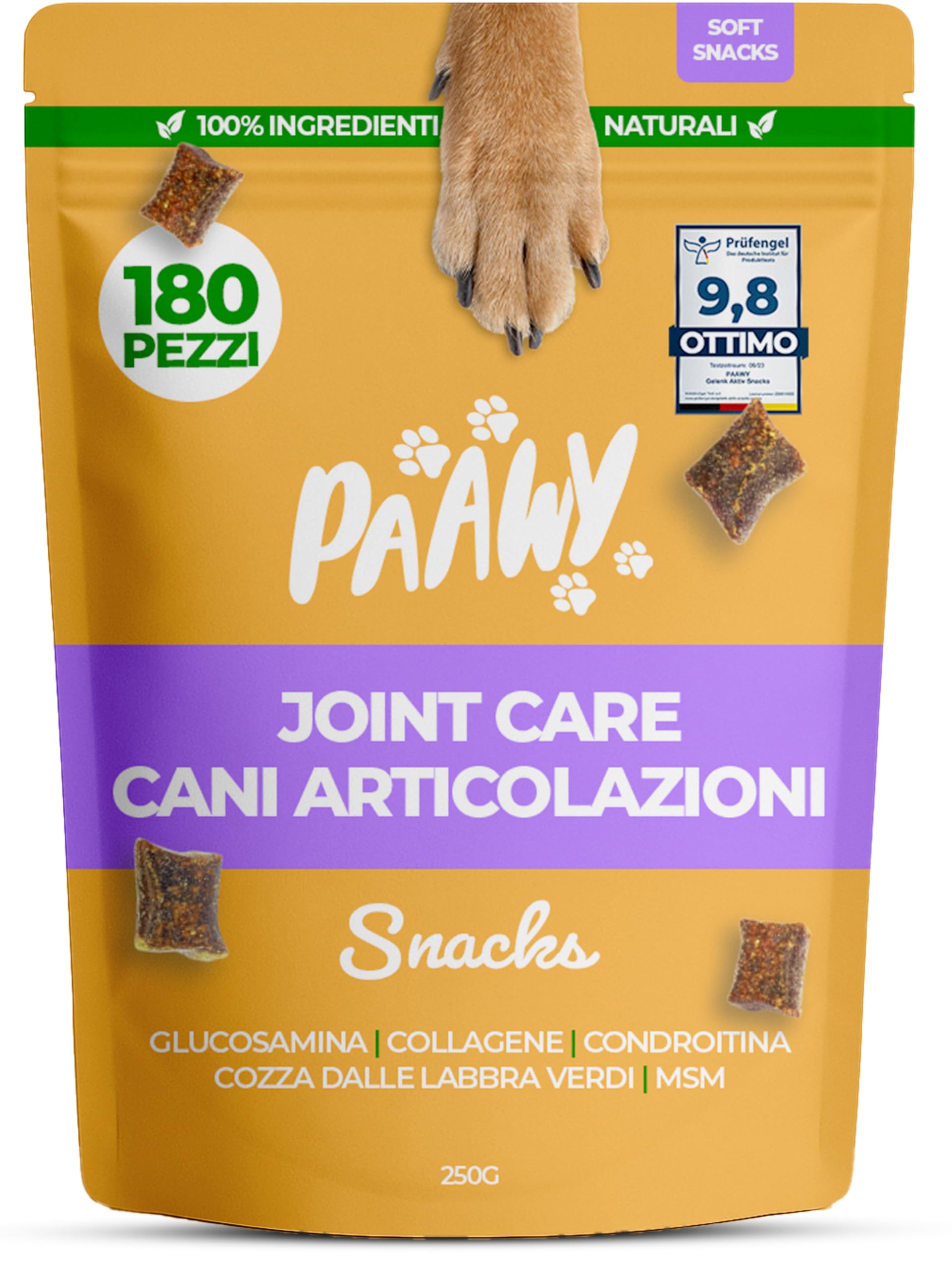 Integratore Articolazioni Cane di Paawy | TEST OTTIMO | 180 Snacks Condroprotettori e Antinfiammatorio Naturale con Glucosamina, Condroitina e Collagene per Cani per la Cura delle Ossa e Articolazioni