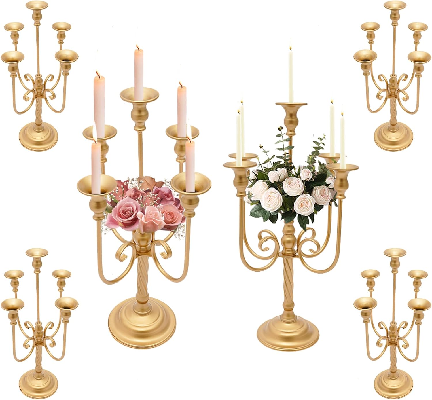 5 Arm Gold Candle Holder, 6 Pcs Vintage Gold Candelabra Centerpieces for Wedding, 19.7" H Romantic Candlestick Ornaments for Christmas, Valentine, Party, Candlelight Dinner (19", 5 Arm)