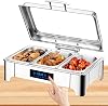Chafing Dish Electric 9 L Stainless Steel Electric Warming Container Adjustable Temperature Rectangular Chafing Dish Set Food Warmer with Visible Glass Lid (B 1/3 Pan)