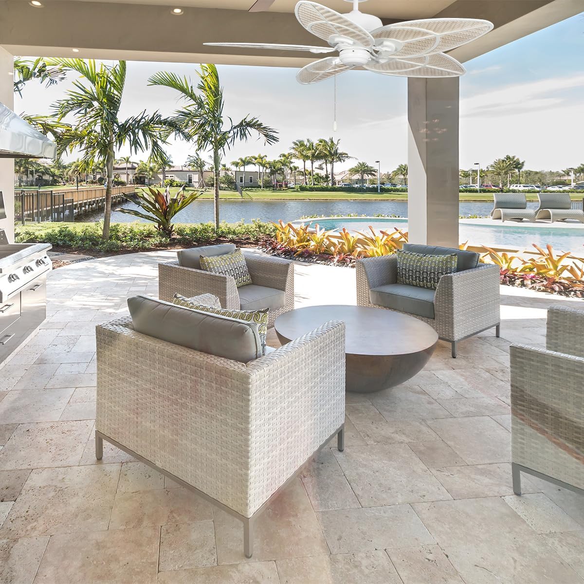 kathy ireland HOME [CF621SW] Batalie Breeze Outdoor Ceiling Fan, 52 Inch | Large Metal Fixture with Palm Leaf Blades, Quiet Motor, and Pull Chain | Tropical Style for Outside and Indoor, Satin White