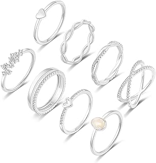 RLMOON 8PCS 14K Gold/Silver Rings Set for Women Non Tarnish Dainty CZ Simulated Diamond