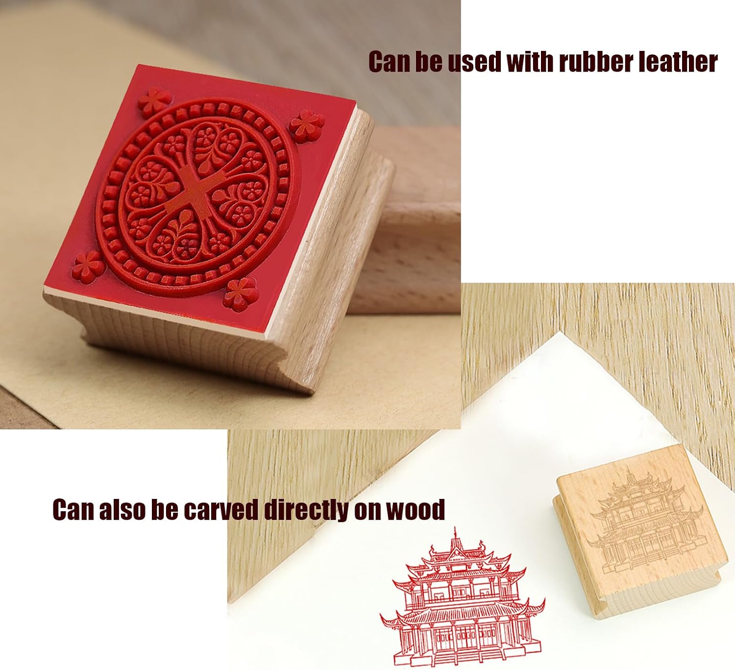 10 Pack Blank Wood Rubber Stamp Mounts, 40x40mm Blank Hard Wood Stamp Mounts for Crafts DIY Making, Scrapbooking Crafts, Engraved Meticulously Carved Patterns