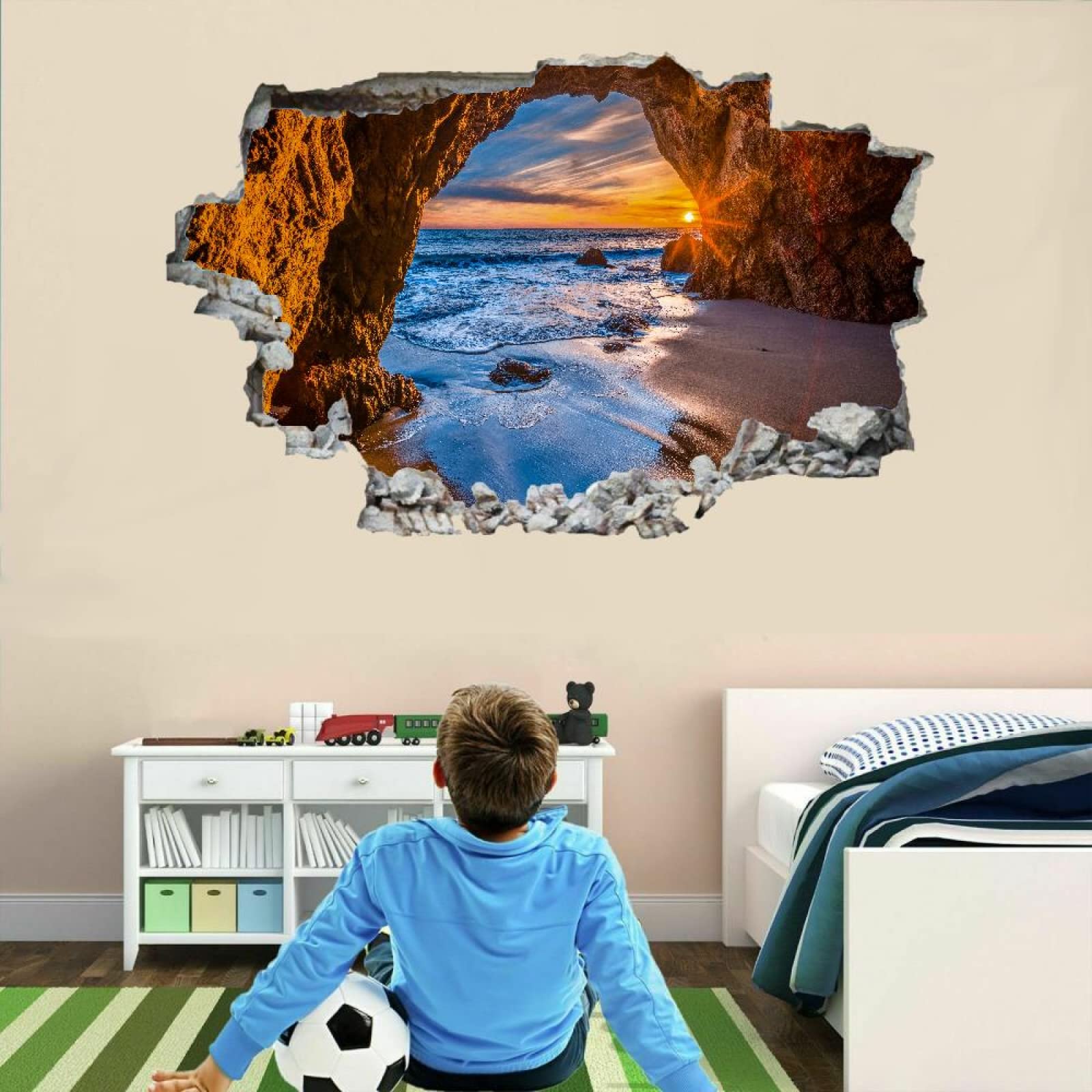 Grotta Adesivi Murali 3D Fracassati Rocce Poster Rimovibile Per Arte Del Tatuaggio Da Parete Alba Sul Mare Fotomurali Decorazioni Per La Casa Camera Da Letto Per Bambini Decorazioni 80x120cm