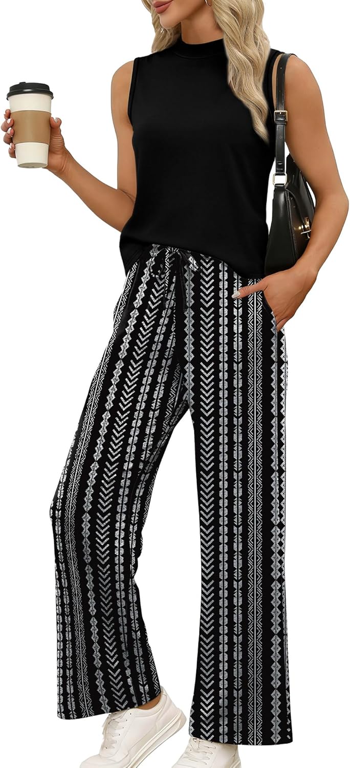 WIHOLL Two Piece Set for Women Summer Spring Outfits Cruise Travel Airport Beach Vacation Mock Neck Wide Leg Pants Set - Image 2