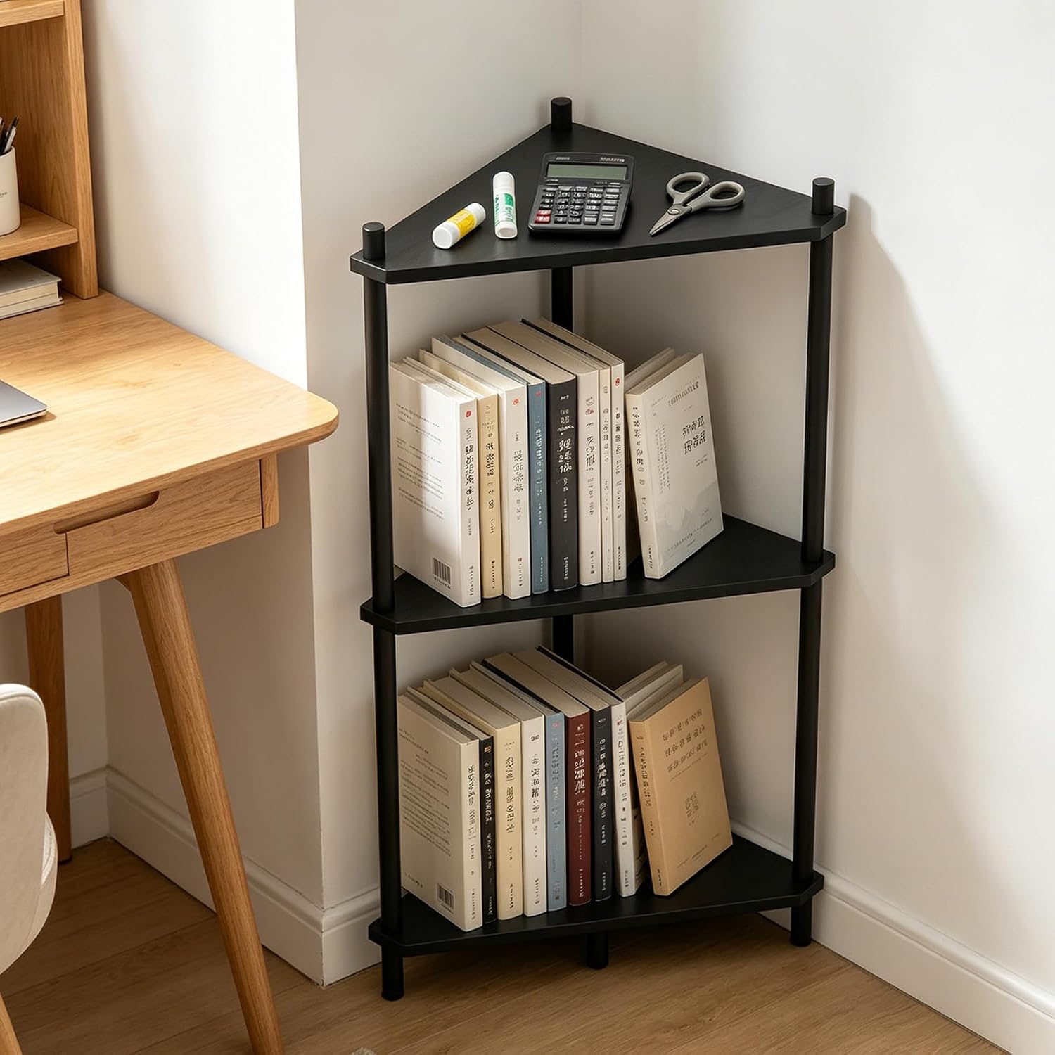 3 Tier Corner Shelf Stand - Bamboo Small Corner Display Shelving Unit, Tall Corner Bookshelf Wood Corner Storage Shelf Plant Stand for Bathroom, Bedroom, Office, Kitchen, Living Room Decor Black