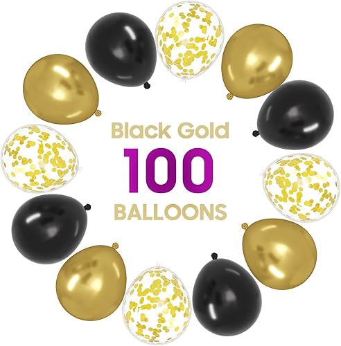 Miniatura 2 de OWill Globos de Confeti Negro y Dorado, 100 piezas de 12 Pulgadas Globos Negros y Dorados para Cumpleaños, Decoraciones de Graduación, Bodas y