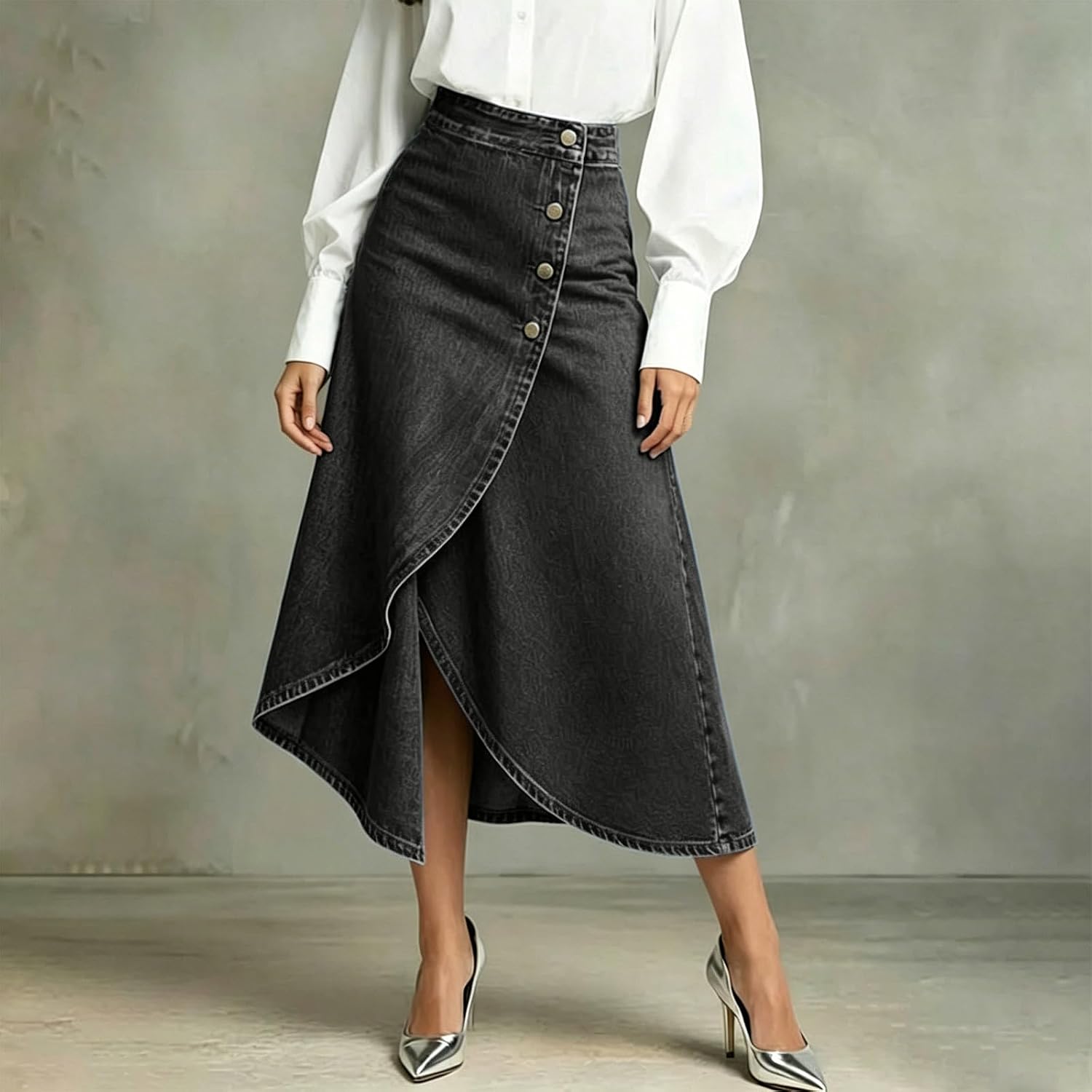Womens High Waisted Wrap Skirt, Asymmetrical A Line Denim Skirts with Button, Fashion Skirt for Summer Daily Wear