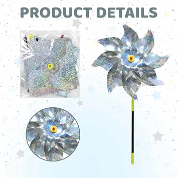 4 Octagonal Windmills for Garden, Bird Protection Windmill Deterrent for Vegetable Gardens and Lawns, Decorative Garden with Reflective Design for Outdoor Spaces, Silver, Large