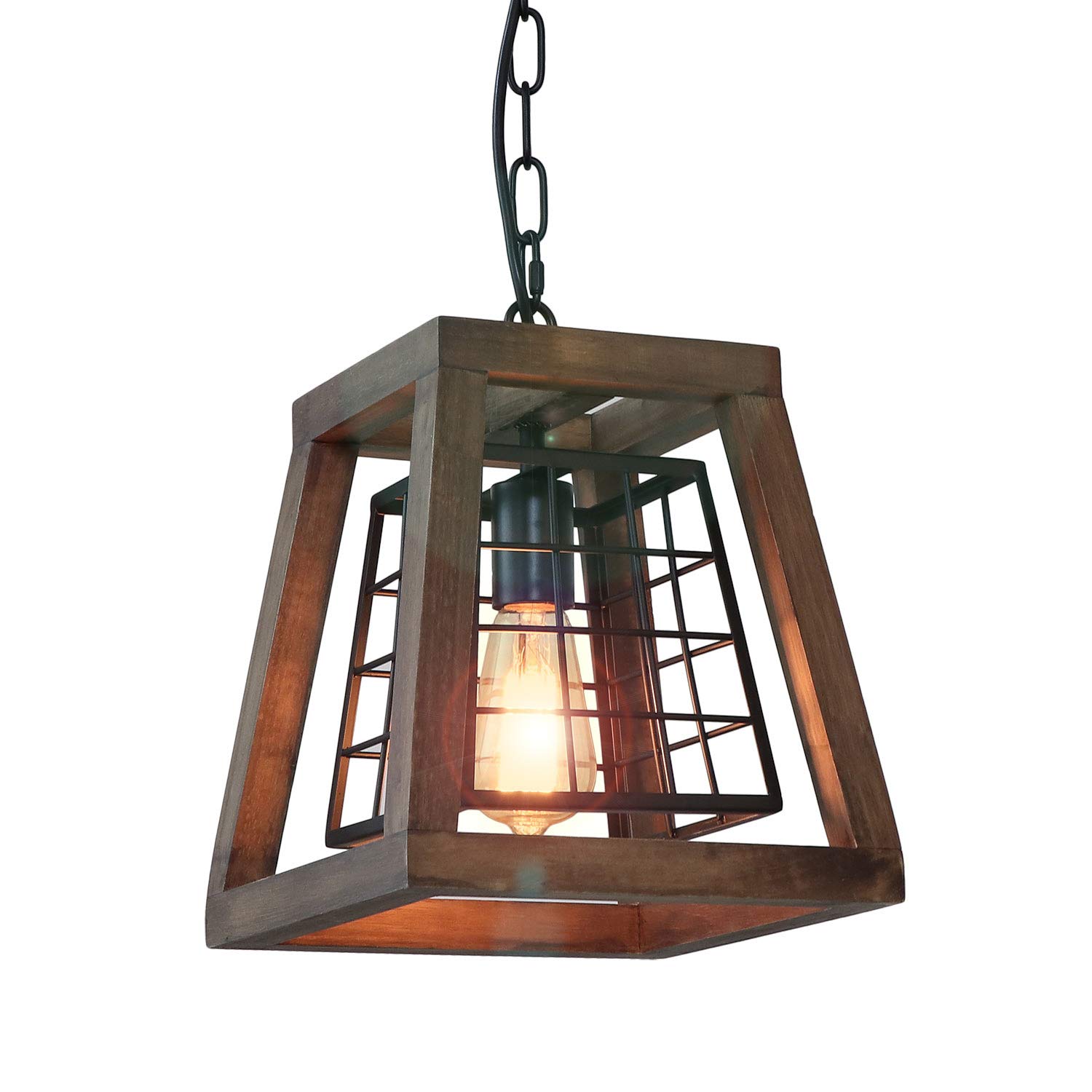 Eumyviv 1 Light Rustic Wood Pendant Light with Cage, 9.8" Retro Industrial Farmhouse Chandelier Vintage Edison Ceiling Island Lighting Fixture, Brown Wood & Black Metal(P0044)