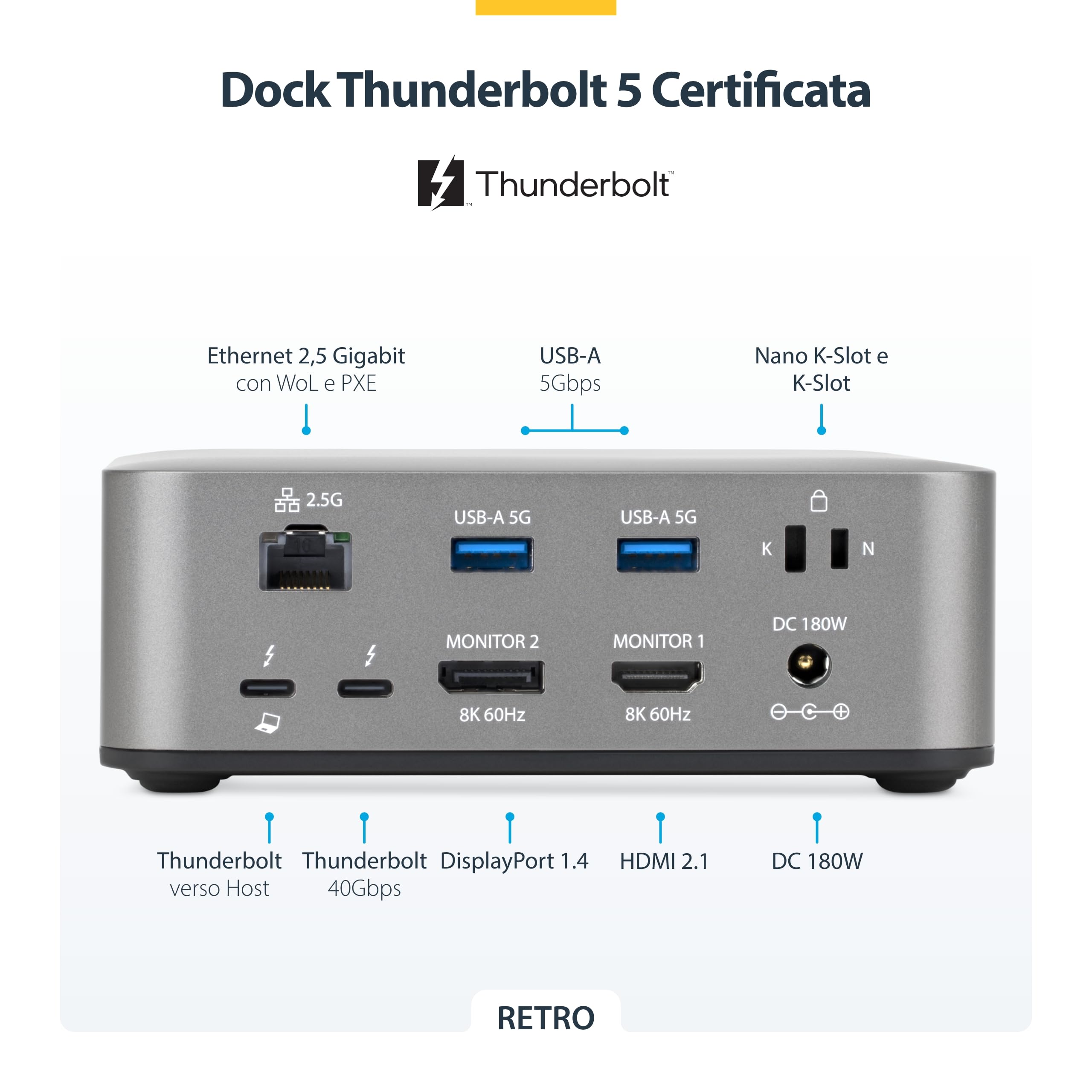 StarTech Dock Thunderbolt 5 USB4, Triplo 4K 144Hz, Doppio 8K 60Hz, 140W | Doppio 8K a 60Hz, Fino a doppio 6K 60Hz per Mac, Compatibile Windows e Mac, Power Delivery