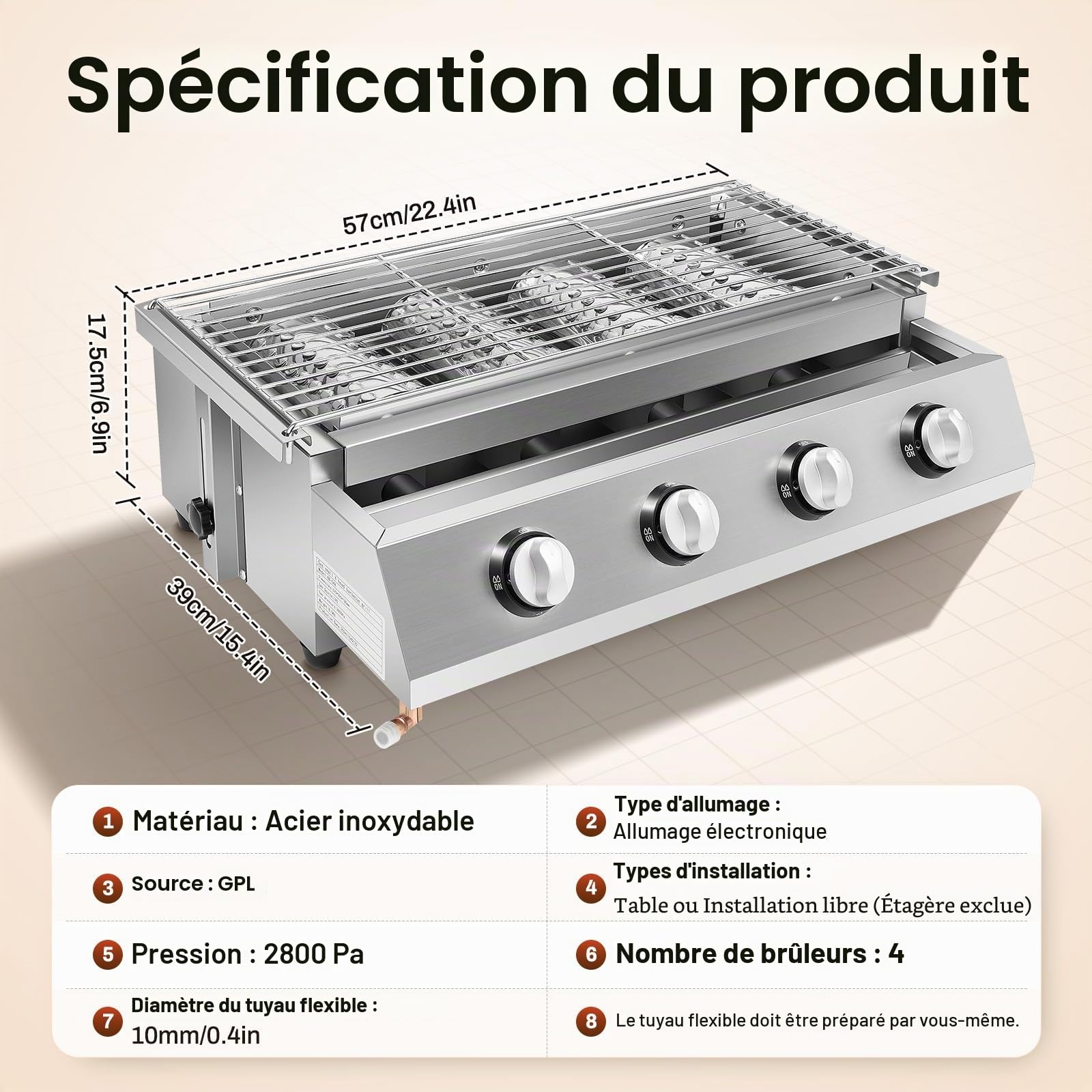 Barbecue à gaz en acier inoxydable - 4 brûleurs - Barbecue de table - Barbecue à gaz GPL - Barbecue amovible - Pour camping, balcon, jardin - Argenté