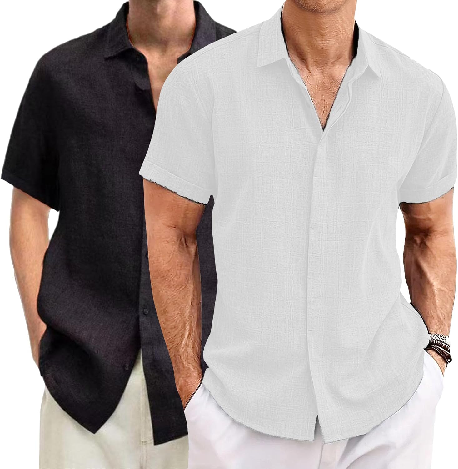 2 Pack Short Sleeve Shirts for Men Cotton Linen Button Down Shirt Summer Casual Lightweight Beach Tops